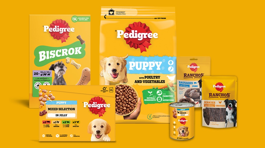 Picture of packs from the Pedigree dog food and treat range.