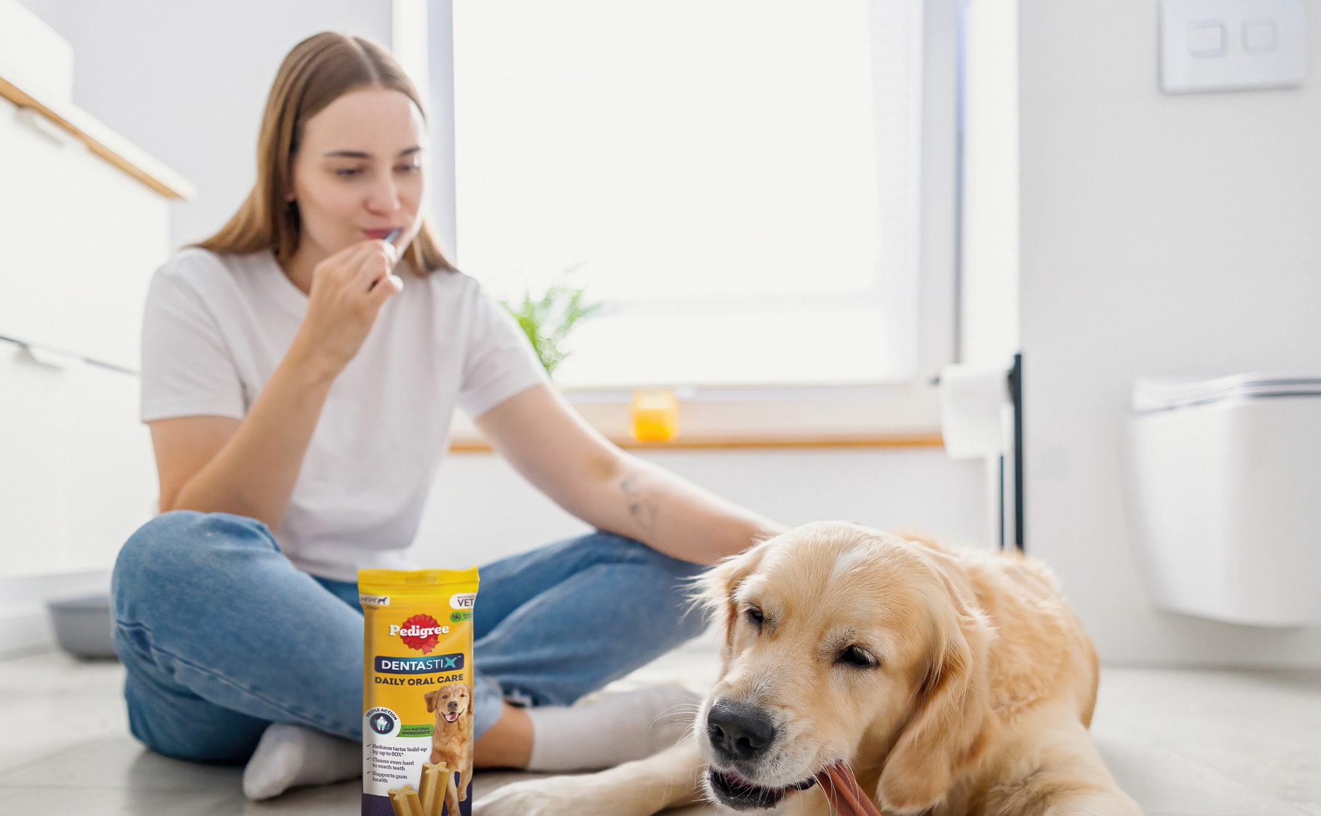 A young woman sits on the floor with a golden retriever that is chewing a Pedigree Dentastix chew. A packet of Dentastix sits beside them.